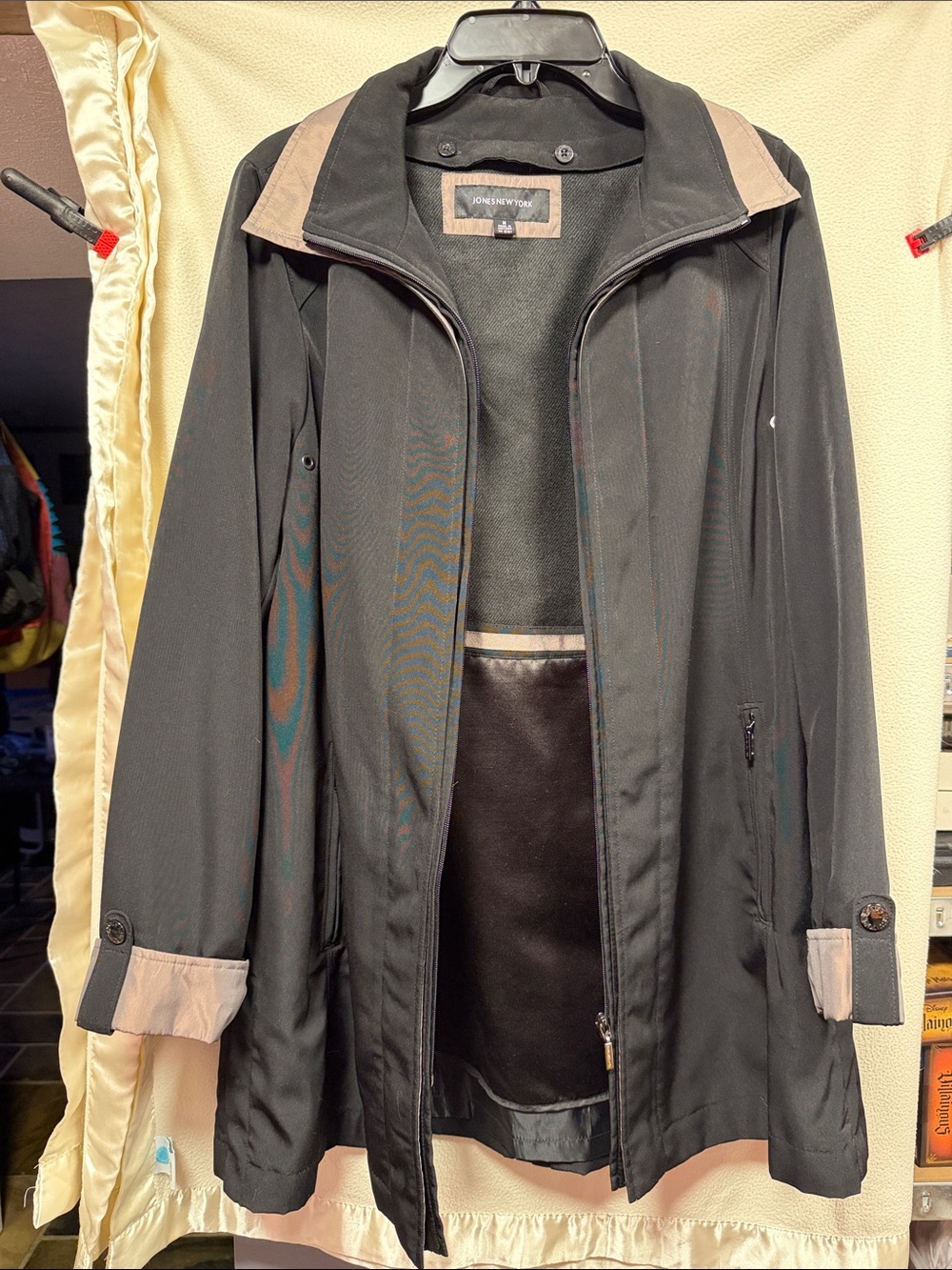 Jones New York Black Trench Coat with Tan Accents